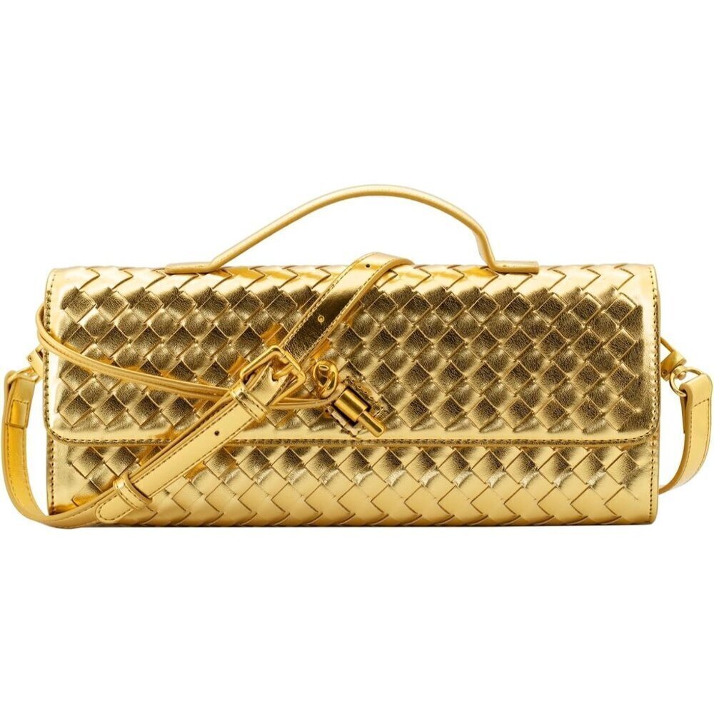 🆕Woven Clutch Purses for Women Gold Leather Evening Bag  Shoulder Handbag